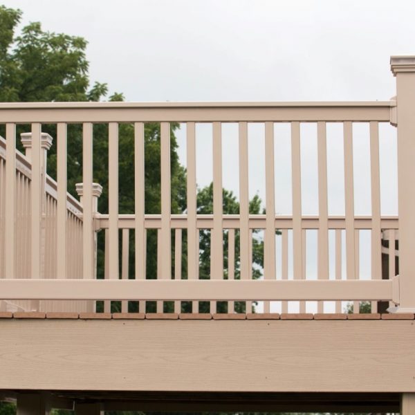 Second level deck with tan vinyl rails