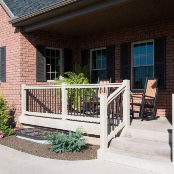 Front porch with tan railings