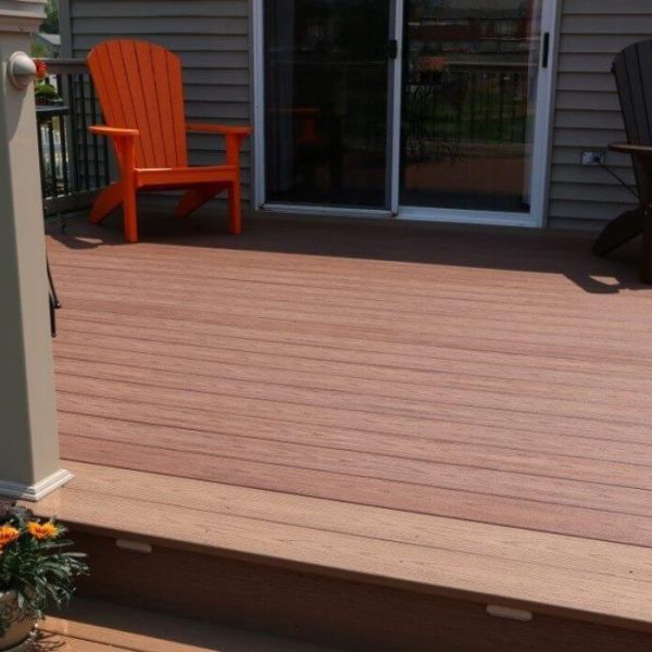 Brown composite decking with tan vinyl rails